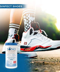 Person in sneakers with Alcohol-Free Disinfecting Wipes No Bleach Medical-Grade Multi-Surface Cleaning canister
