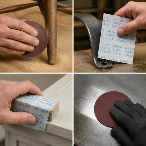 Hands using Grab This Heavy Duty Aluminum Oxide Sandpaper for waterproof projects on wood, metal, and surfaces for polishing.
