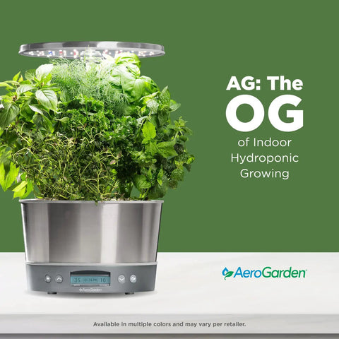 Harvest Elite 360 Indoor Hydroponic Garden System With Led Grow Light And Herb Kit On Countertop showing lush green plants