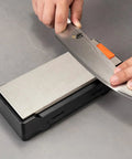 Using Angle Pyramid Whetstone Knife Sharpener Two Pack With Four Universal Angles 14 17 20 25 Degrees Magnetic Orange And Black Guides