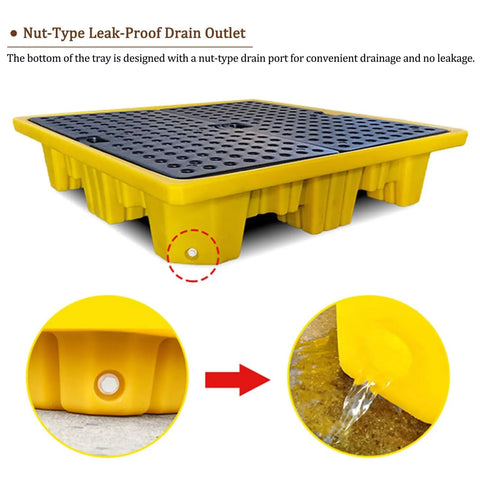 Stackable Industrial Drum Spill Pallet With Drain Modular Workhorse Heavy Duty Containment Platform in yellow steel with drain feature
