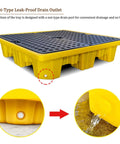 Yellow Stackable Drum Spill Containment Pallet With Drain featuring nut-type drain outlet for easy drainage.