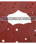Ultra Smooth 5 Inch Sanding Discs With Hooks For Orbital Sanders, red abrasive pads showing suction holes for dust.