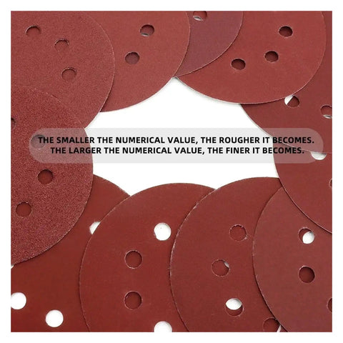 Ultra Smooth 5 Inch Sanding Discs With Hooks For Orbital Sanders, red abrasive pads showing suction holes for dust.