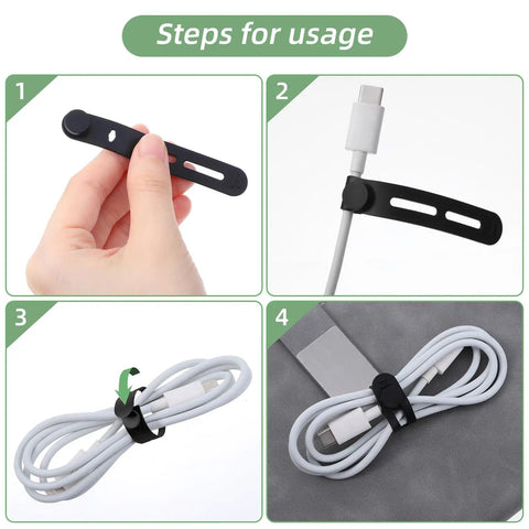 90 Piece Nylon Cable Labels And Cord Ties Set For Home Office Travel, showing steps to use a black cable tie on a cord.