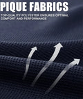 Close-up of Men's Navy Polo Shirt Short Sleeve Hike Ready and Hunt Ready, Quick-Dry Polyester Pique fabric texture highlighting breathability.