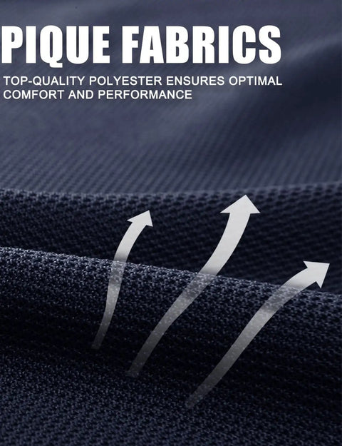 Close-up of Men's Navy Polo Shirt Short Sleeve Hike Ready and Hunt Ready, Quick-Dry Polyester Pique fabric texture highlighting breathability.