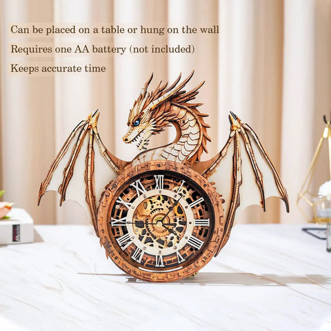 Dragon Clock 3D Puzzle Kit For Adults Hands On Wooden Puzzle Craft To Build An Epic Standout Timepiece Wall Decor And Brain Teaser You Can Finish On A Weekend, wooden dragon clock on table