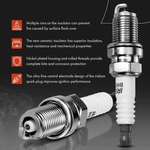 Close-up of iridium spark plugs from Set of 4 Ignition Coil Packs and Iridium Spark Plugs for Hyundai Veloster 2012-2017, Accent 2012-2019, Kia Rio Soul 2012-2019 1.6L Naturally Aspirated Engine