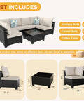 Diagram of 7 Piece Wicker Patio Furniture Set With Waterproof Cushions showing armless sofas, corner sofas, and coffee table.