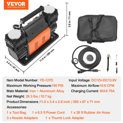 Beefed Up Dual Cylinder Tire Inflator With Heavy Duty Air Compressor 150 PSI 10.6 CFM Portable Pump shown with accessories