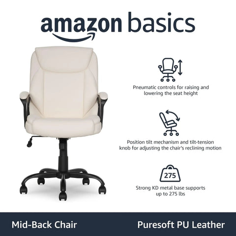 Front view of cream Puresoft PU padded mid-back office chair with armrests, adjustable height, and tilt control.