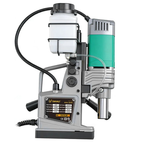 Portable Magnetic Drill Press With 2923 Lbs Electromagnetic Base, Variable Speed Motor For Steel And Metal Fabrication Jobs, 1-9/16 Inch Boring Diameter Core Drill Machine For Heavy Duty Industrial Use close-up of motor and fluid reservoir