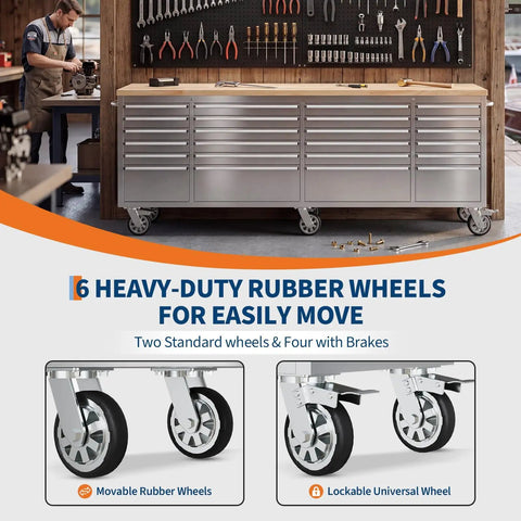 Beefy Heavy Duty 96 Inch Steel Rolling Tool Chest And Mobile Workbench With 24 Full Extension Drawers Locking System Rubber Wood Top