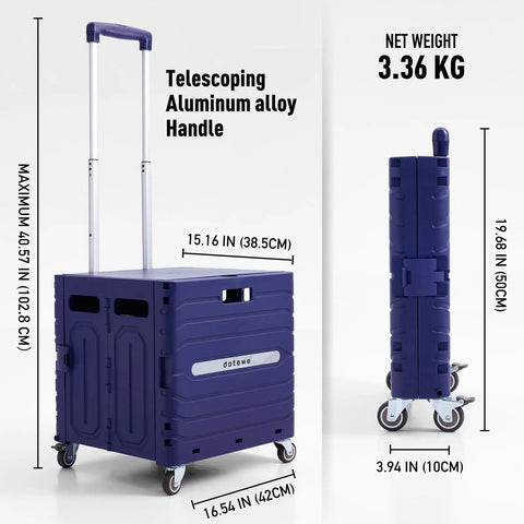 Grab And Go Foldable Utility Cart With Lid On Wheels, 100 lb capacity, purple, extended and folded views with aluminum handle