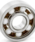 Top Shelf 608 Open Style Deep Groove Radial Ceramic Ball Bearings Bulk Pack Of One Hundred Silicon Nitride Rings Measuring 8 By 22 By 7 Mm showing inner structure.