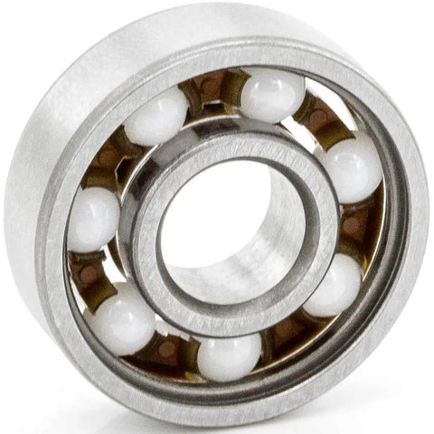 Top Shelf 608 Open Style Deep Groove Radial Ceramic Ball Bearings Bulk Pack Of One Hundred Silicon Nitride Rings Measuring 8 By 22 By 7 Mm showing inner structure.