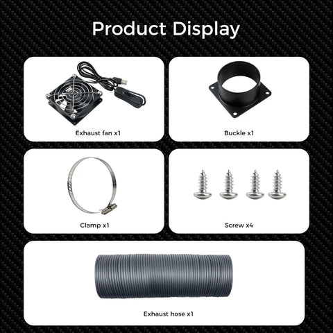 Fume Extraction Kit For 3D Printer Enclosure With 4000 RPM High Efficiency Ventilation Fan Telescopic Hose and accessories display