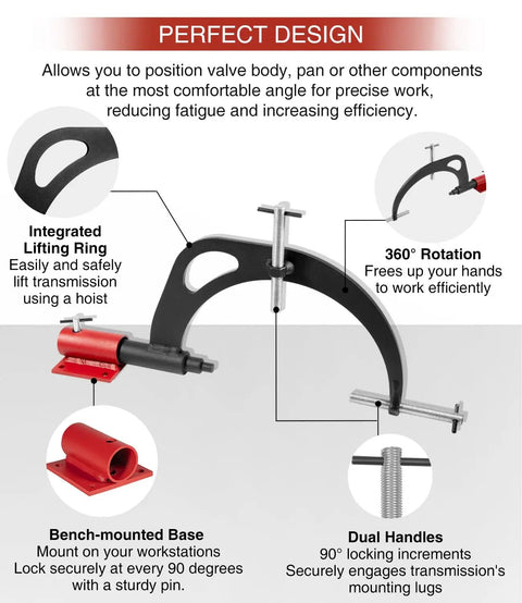 Universal Transmission Holding Fixture With Base For Rebuilding GM Transmissions 375 400 425 475 700-R4 4L60E 4L80E shown with lifting ring, dual handles, and bench-mounted base