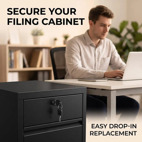 2 Pack Heavy Duty 3 Way Linkage File Cabinet Locks With Keys for Office Desk, black lock installed
