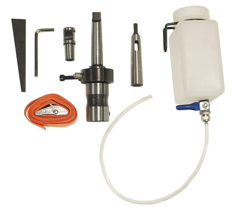 Rugged Magnetic Drill Press With A Sick Annular Cutter Kit And Tungsten Carbide Bits components including tools and coolant container.