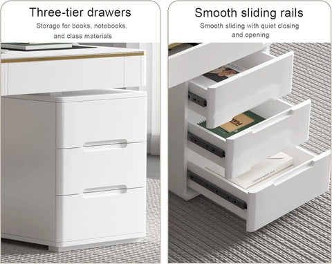 Dope White Executive Desk With Deep Drawers And Usb Charging Station, 47 Inch Modern Office Workstation with three-tier drawers.