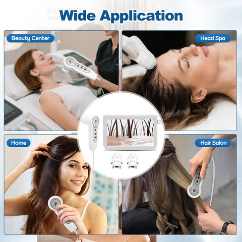 10.2 Inch Skin And Hair Analyzer Pro Grade Gear in use at beauty center, head spa, home, and hair salon for scalp analysis.