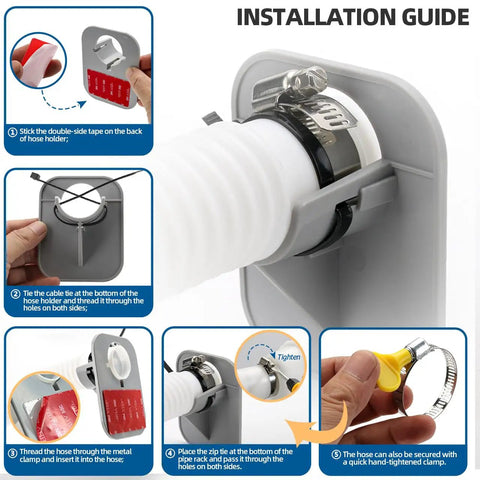 Installation guide for No Brainer 1.25 Inch 59 Inch Pool Hose Kit for Above Ground Pools with clamps and hose hangers.
