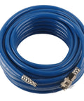 Kickass 15 Meter 50 Foot Blue Flexible Pneumatic PVC Air Compressor Hose Quick Coupler For High Pressure On Pneumatic Tools Triple Layer Build Resists Wear And Tear Perfect For Tough Jobs And Diy Gigs Inside The Garage Today coiled with quick coupler