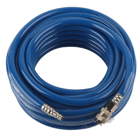 Kickass 15 Meter 50 Foot Blue Flexible Pneumatic PVC Air Compressor Hose Quick Coupler For High Pressure On Pneumatic Tools Triple Layer Build Resists Wear And Tear Perfect For Tough Jobs And Diy Gigs Inside The Garage Today coiled with quick coupler