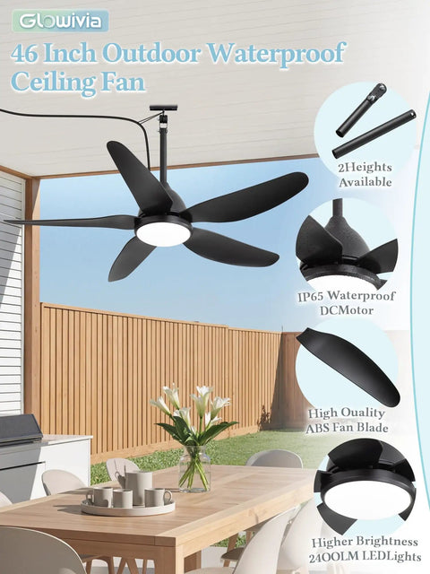46 Inch Outdoor Ceiling Fan With Lights For Patio Gazebo IP65 Waterproof Remote Control 6 Speeds DC Motor Black Plug In Hanging Fan