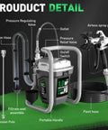 Pro Grade High Pressure Electric Airless Paint Sprayer Sports Thinning Free Design showing details like suction hose, spray gun, and pressure valve.