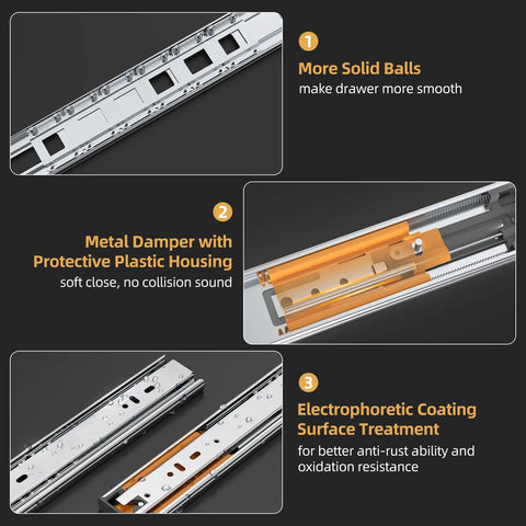 16 Inch Soft Close Drawer Slides, Side Mount, 3 Fold Full Extension, Heavy Duty Ball Bearing Glides, 100 LB Capacity, Quiet Smooth Close For Kitchen Cabinets, Durable DIY Friendly Rails shown with ball bearings and soft-close damper