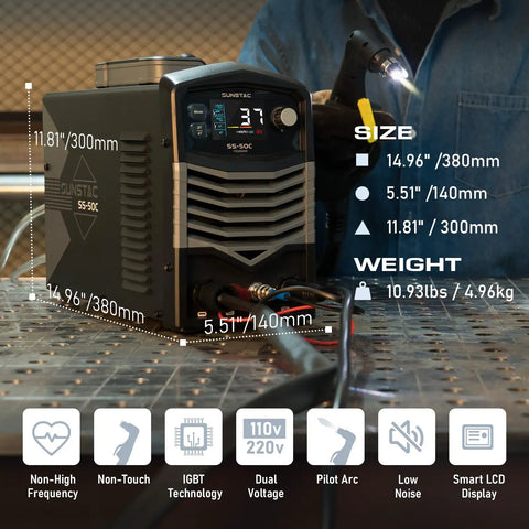 Non Touch Pilot Arc Plasma Cutter With 50 Amp Power, Dual Voltage 110 And 220 Volt IGBT Inverter, Large LCD Display visible