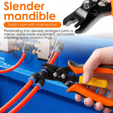 3 In 1 Angled Air Line Removal Pliers For Quick Release Of Push To Connect Pneumatic Fittings One Quarter To One Half Inch Your Go-To Tool For Auto Shop And DIY Air Hose Work, black angled jaws removing orange air hose fitting