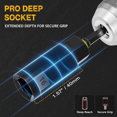 Close-up of deep socket from All In One 86 Piece Magnetic Impact Nut Driver Set With Socket Adapters, showing 40mm depth.