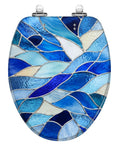 Elongated Blue Stained Glass Effect Abstract Mosaic Flowing Toilet Seat top view showcasing blue mosaic design and chrome hinges.