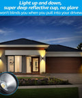 House with Integrated LED Cylinder Up Down Outdoor Wall Light, slick aluminum waterproof sconce illuminating front porch at night.