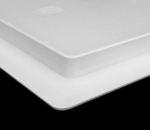 Close-up view of Zero Stress Installation Removable Plastic Access Panel With Frame Built Right for 6x9 openings, white plastic.