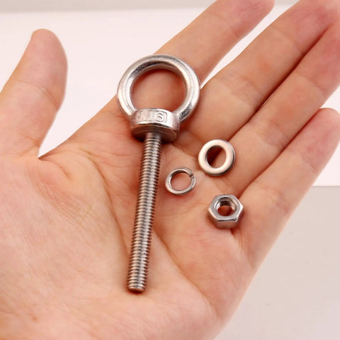 Stainless Steel M6 50mm Eyebolts With Nuts And Washers Pack Of 4 For DIY Projects, Furniture, Swing Sets, And Outdoor Installations, Marine Grade Corrosion Resistant Shoulder Eye Bolts Built To Last With Easy Mounting, shown with nut and washer