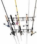 Overhead 12 Rod Fishing Rod Rack, Heavy Duty Steel Overhead Mount for Indoor Outdoor Use, holding various fishing rods