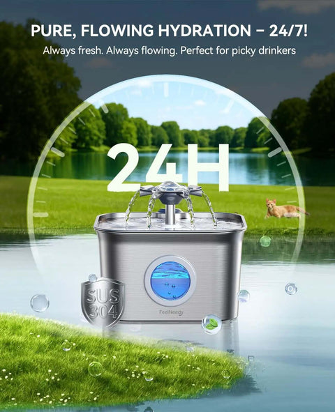 Quiet Stainless Steel Cat Water Fountain 2.8L With 20dB Ultra Quiet Pump in a natural setting with LED water level window.