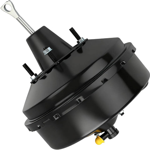 Heavy Duty Power Brake Booster For Cadillac Escalade Chevy Silverado Tahoe showing black exterior, steel push rod and vacuum port.