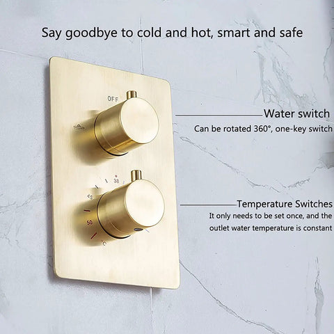 UMJIGF 12 Inch Brushed Gold Shower System Thermostatic Shower Faucet Set with Rotatable Tub Spout temperature control panel with knobs.