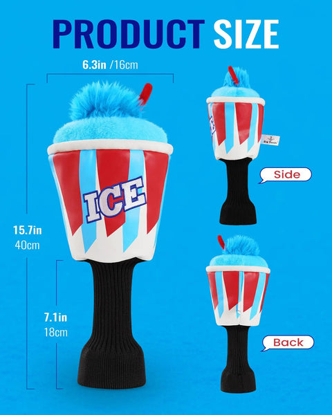 Ice Slushie Cup Golf Driver Cover 460cc Head Cover For Golf Clubs, funny milk shake theme, blue and red, front and side view