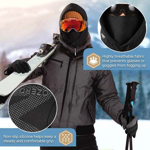 Man wearing Winter Balaclava Gloves Set Windproof Thermal Ski Mask For Men And Women Convertible Balaclava Hood Full Head Cover Neck Scarf Cozy Thermal Touchscreen Gloves For Cold Weather Black Large, holding skis.