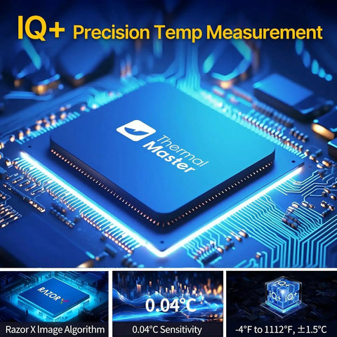 Pocket Sized Android Thermal Imager With Macro Lens P2 Pro Infrared Camera 512x384 Resolution 15x Zoom Temperature Range From minus four to 1112 F Ultra Clear Heat Vision For Phone Razor X Engine showing IQ+ precision temperature measurement chipset