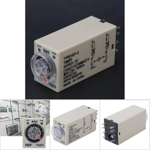 Adjustable Time Relay H3Y With Transparent Dial And Heavy Duty Brass Terminals, side view and top details.