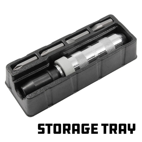 1/2 Inch Drive Impact Driver Set With Extractor Tool For Slotted And Phillips Bits in black storage tray