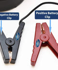 Close-up of the negative and positive battery clips for 12 Volt Utility Pump With 20 Foot Cord And Battery Clips, High Capacity 1380 GPH Water Transfer Pump.